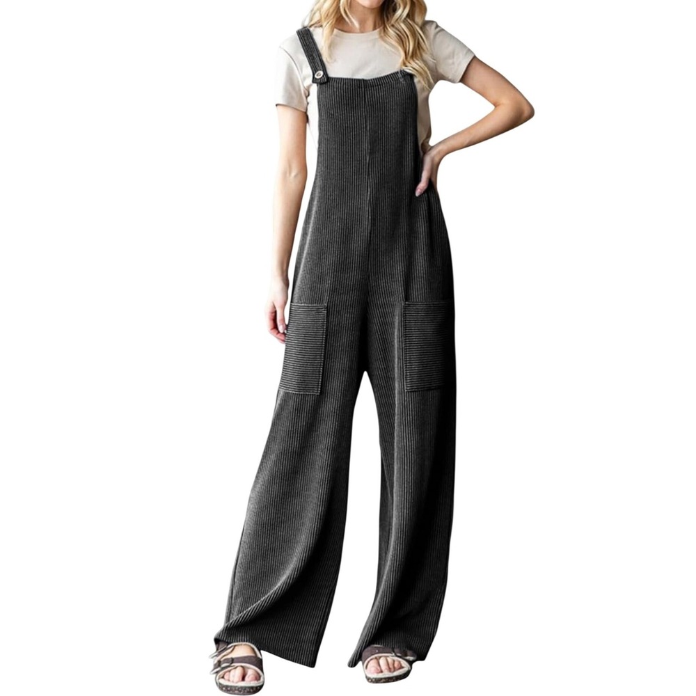 Dokotoo Ribbed Wide Leg Overall Jumpsuit Front Pocket Sleeveless Romper L